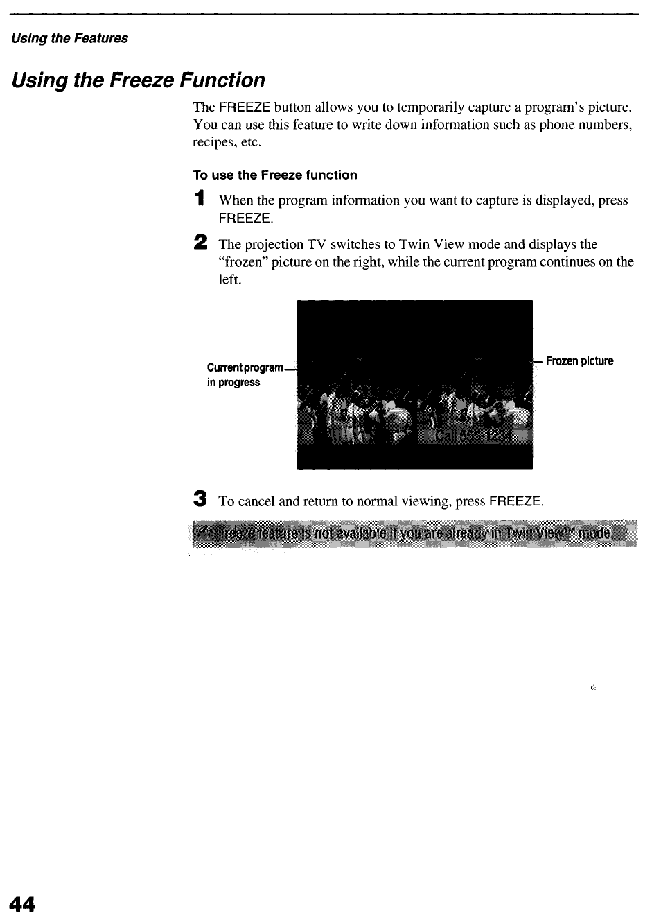 Using the freeze function, To use the freeze function | Sony KP-6lHS20 User Manual | Page 44 / 82