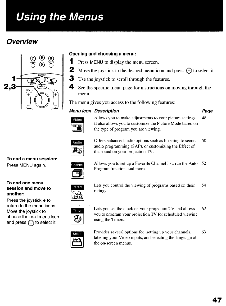 Overview, Opening and choosing a menu, Using the menus | Sony KP-6lHS20 User Manual | Page 47 / 82