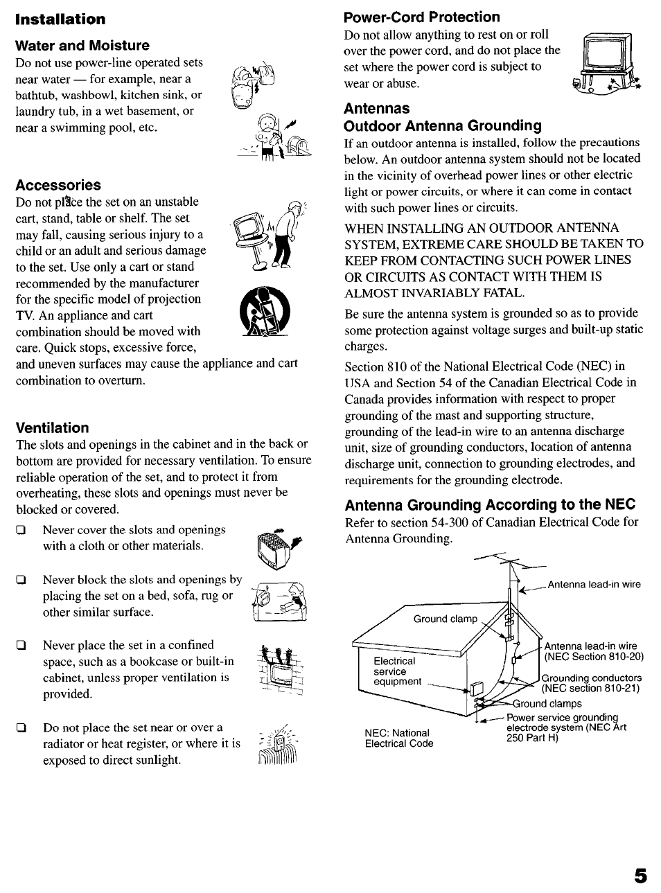 Water and moisture, Accessories, Ventilation | Power-cord protection, Antennas, Outdoor antenna grounding, Antenna grounding according to the nec, Antennas outdoor antenna grounding, Installation | Sony KP-6lHS20 User Manual | Page 5 / 82