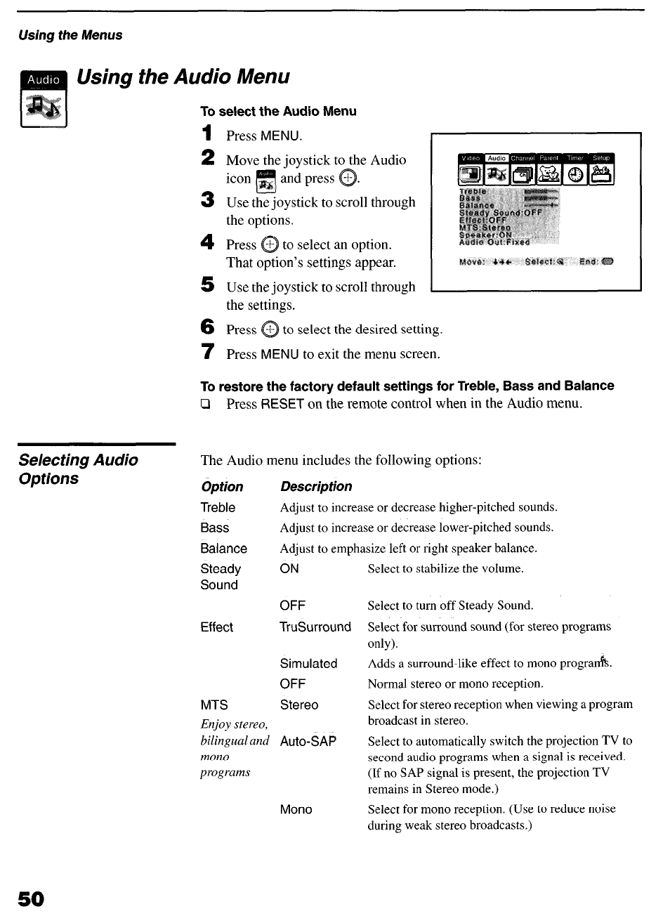 Using the audio menu, To select the audio menu, S m cn eeai isai | Sony KP-6lHS20 User Manual | Page 50 / 82