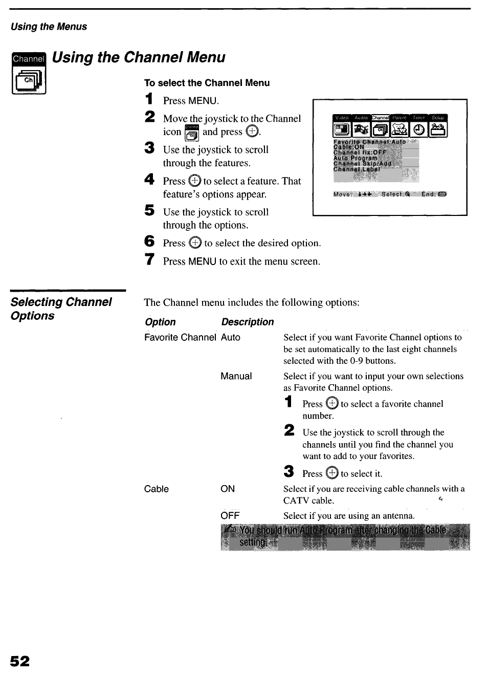 Using the menus, Using the channel menu, To select the channel menu | Option description, Using this manual | Sony KP-6lHS20 User Manual | Page 52 / 82