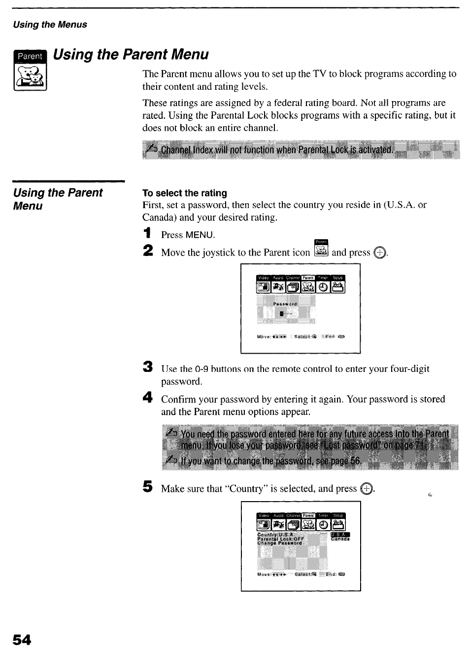Using the parent menu, To select the rating | Sony KP-6lHS20 User Manual | Page 54 / 82
