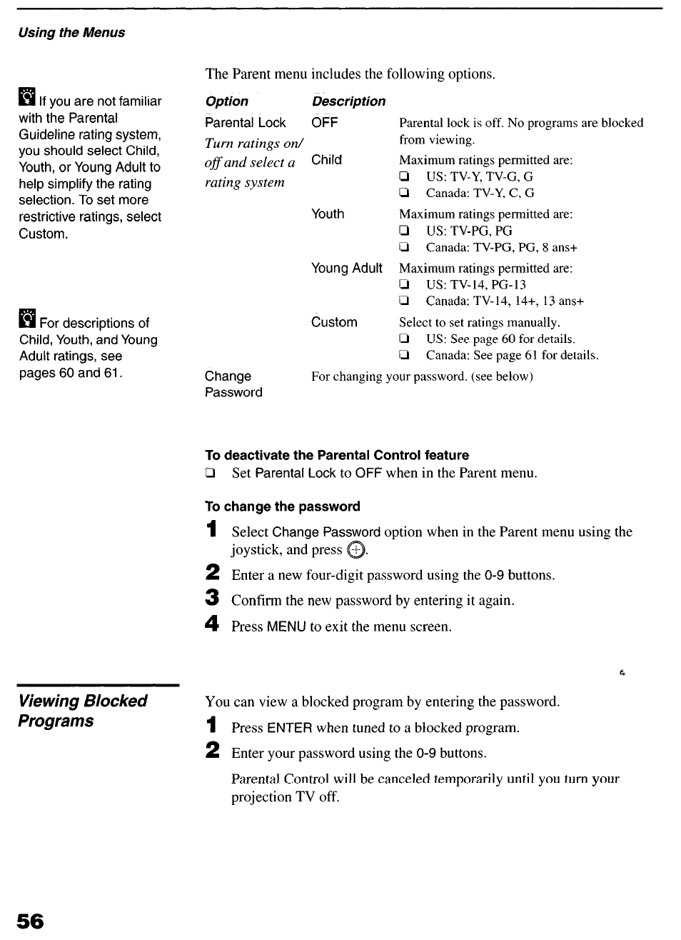 To deactivate the parental control feature, To change the password | Sony KP-6lHS20 User Manual | Page 56 / 82