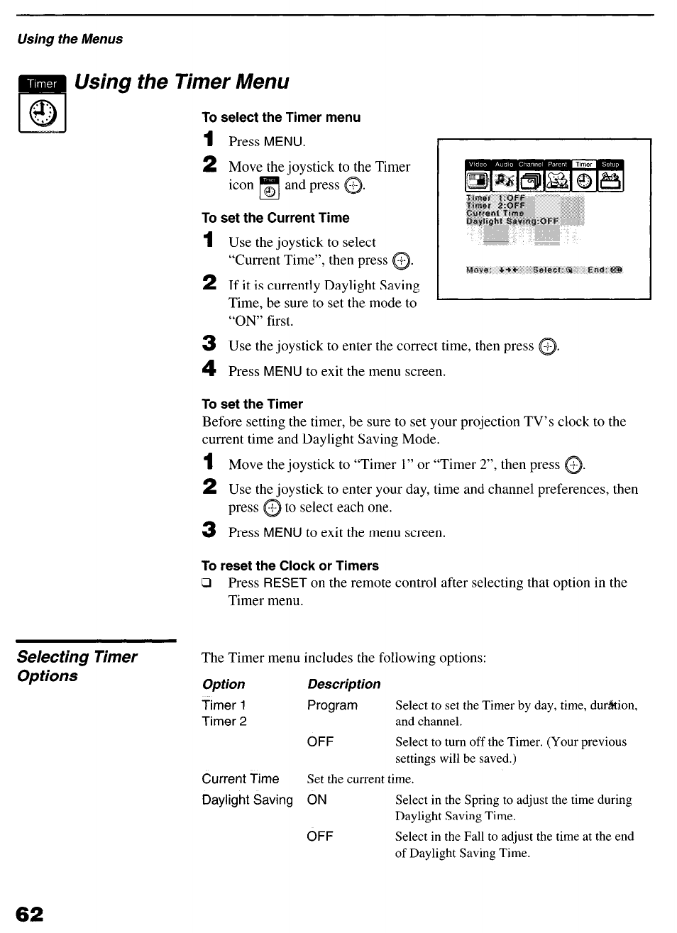 Using the timer menu, To select the timer menu, To set the current time | To set the timer, To reset the clock or timers | Sony KP-6lHS20 User Manual | Page 62 / 82