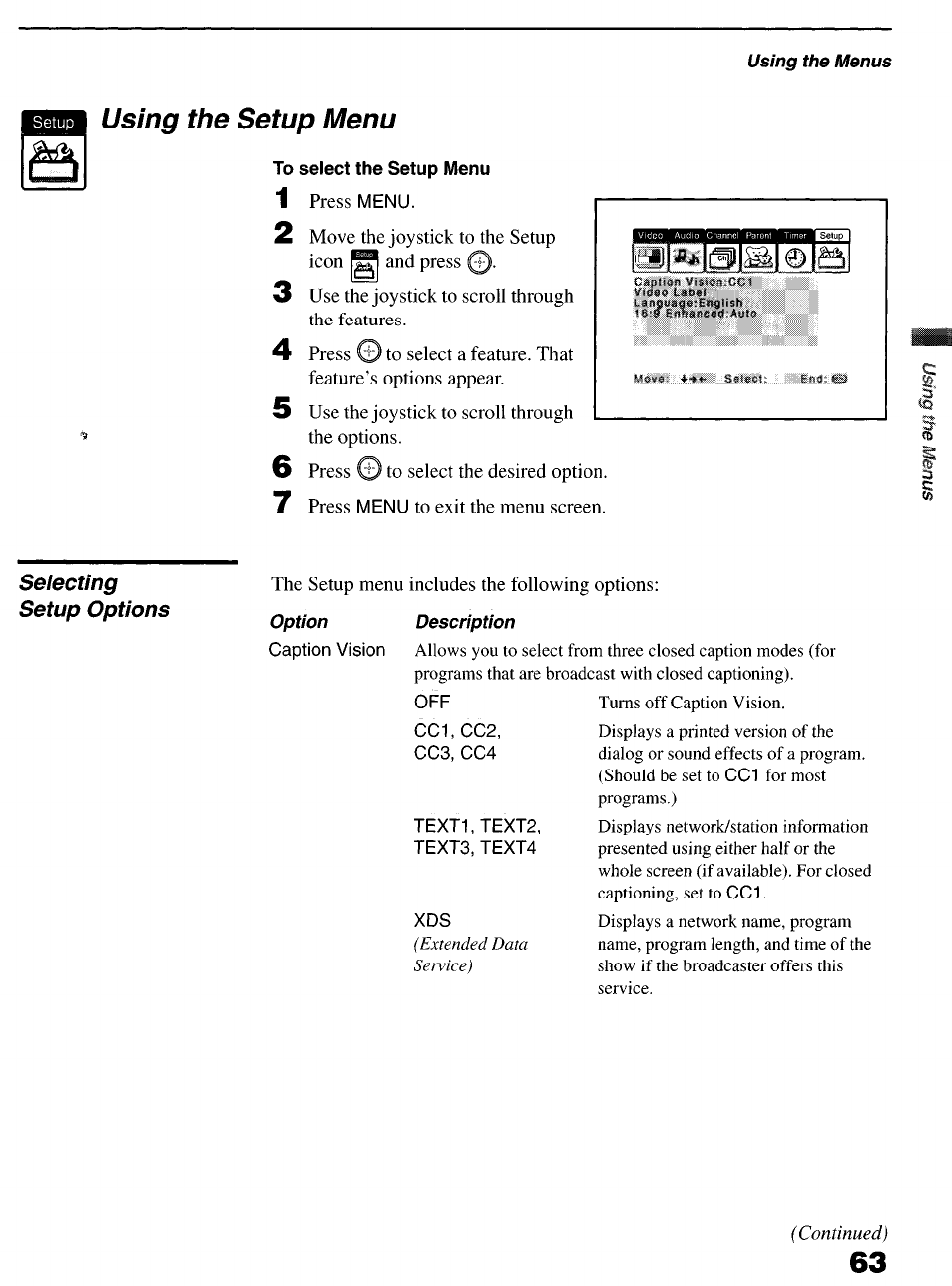 Using the menus, Using the setup menu, To select the setup menu | Option description | Sony KP-6lHS20 User Manual | Page 63 / 82