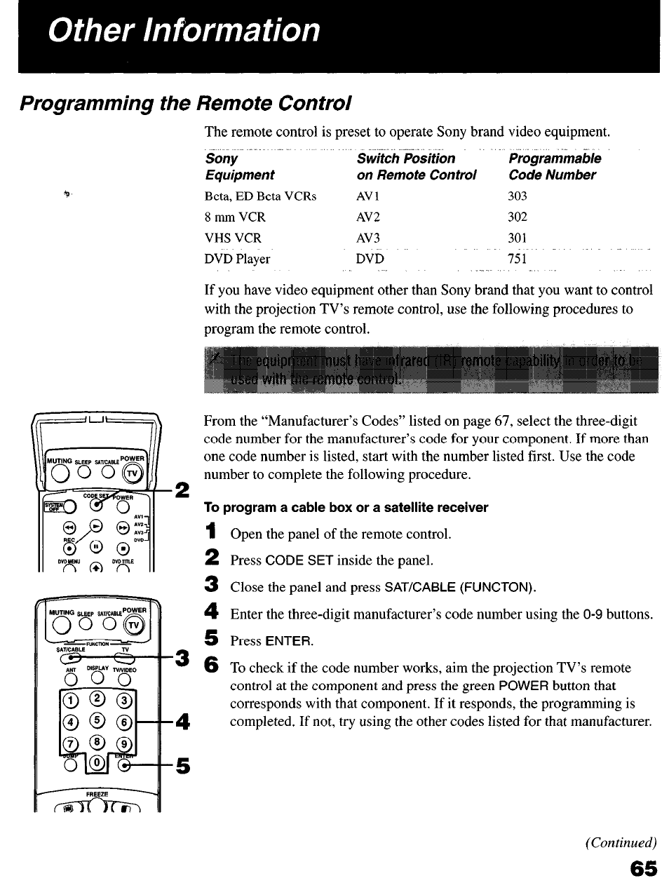 Programming the remote control, To program a cable box or a satellite receiver, Other information | Sony KP-6lHS20 User Manual | Page 65 / 82