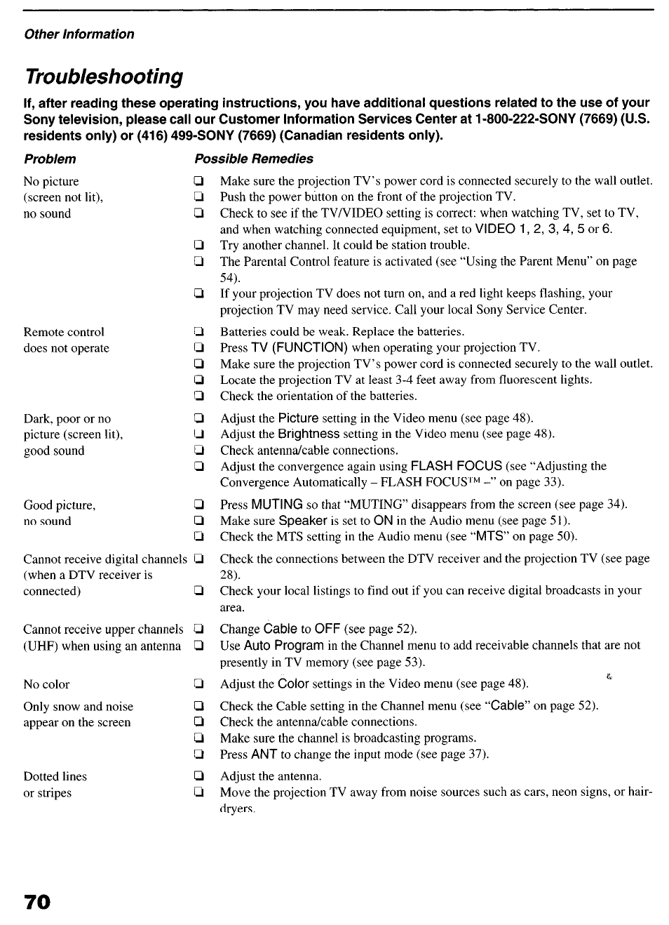 Troubleshooting, T roubleshooting | Sony KP-6lHS20 User Manual | Page 70 / 82