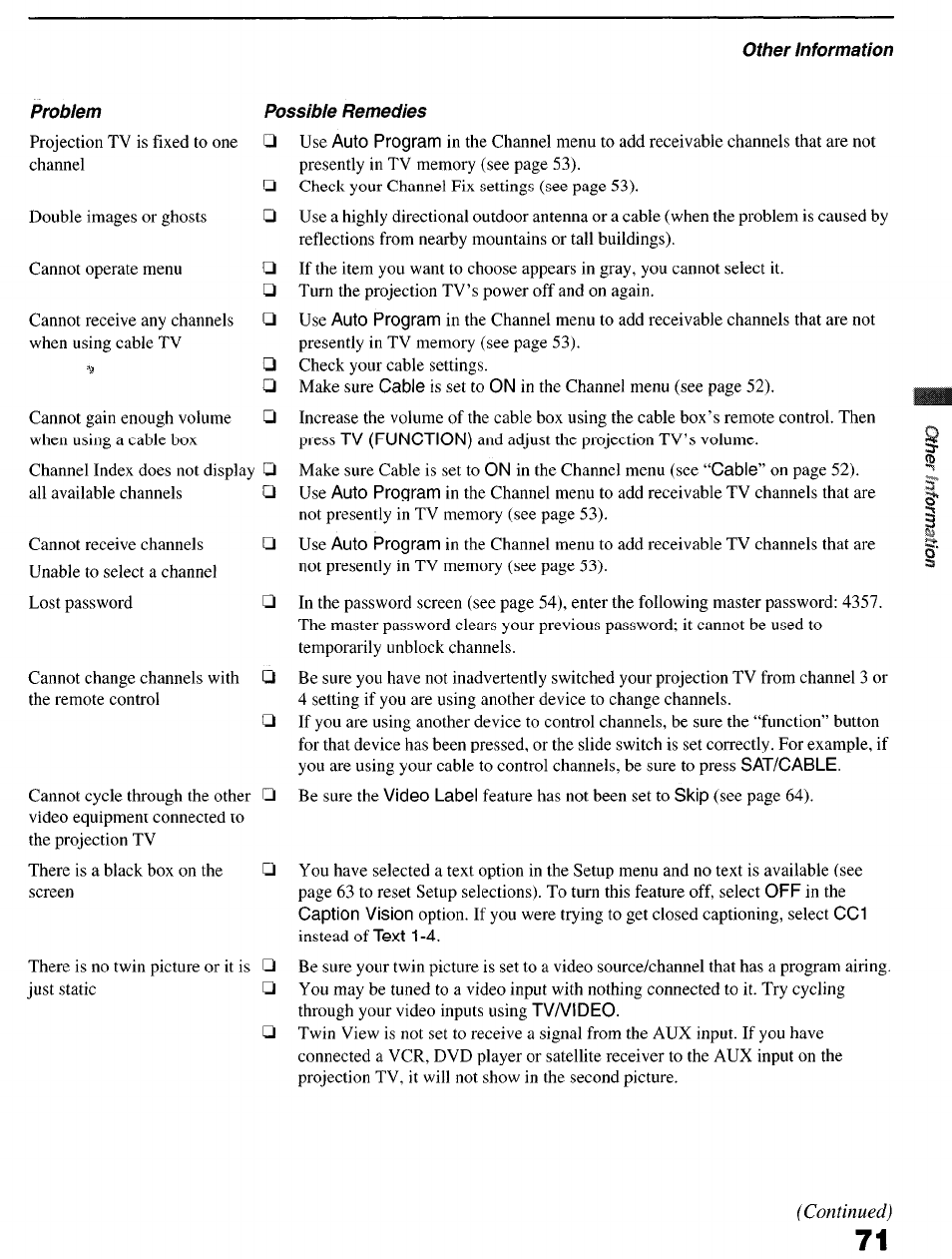 Problem, Possible remedies | Sony KP-6lHS20 User Manual | Page 71 / 82