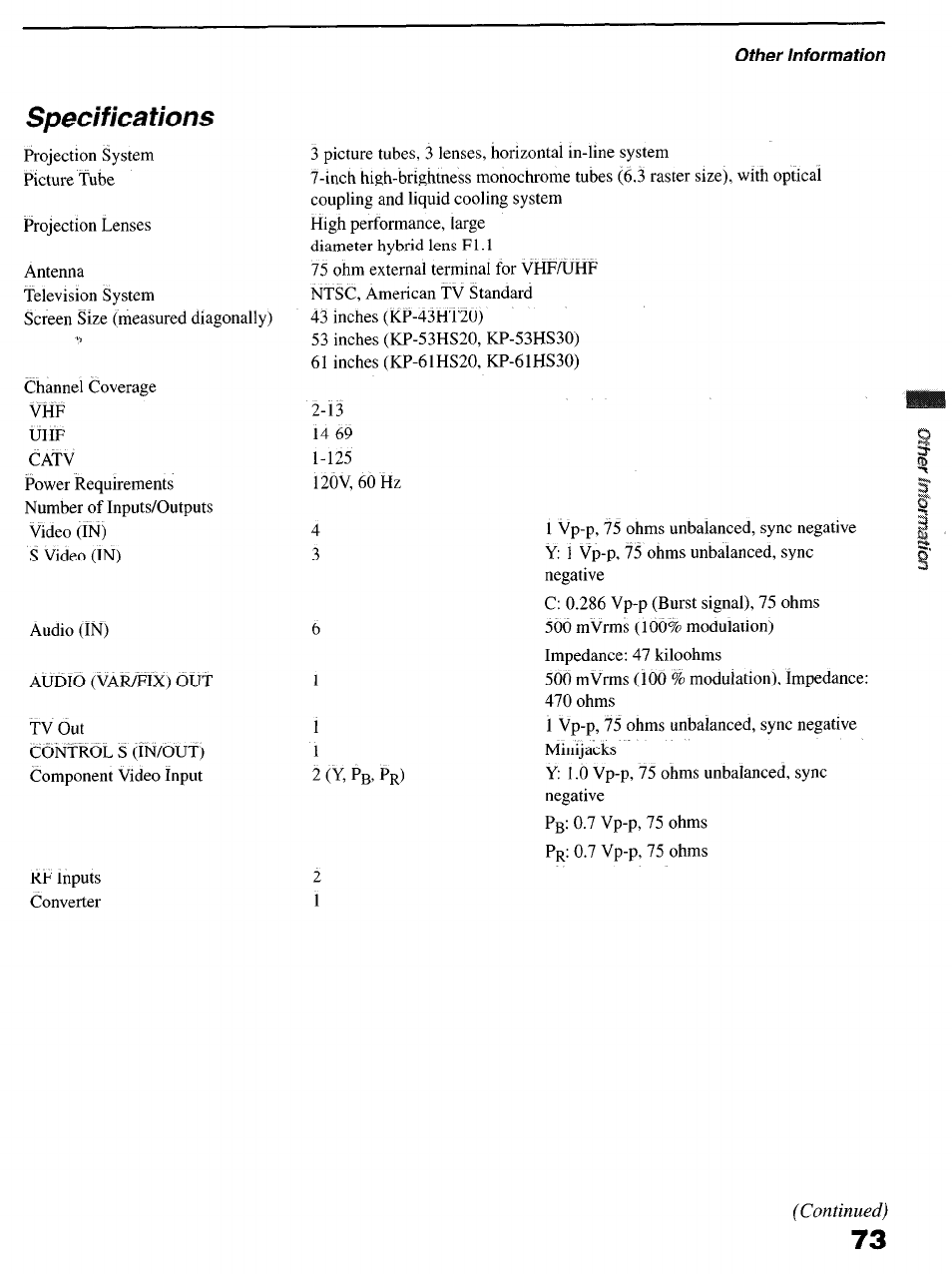 Specifications | Sony KP-6lHS20 User Manual | Page 73 / 82