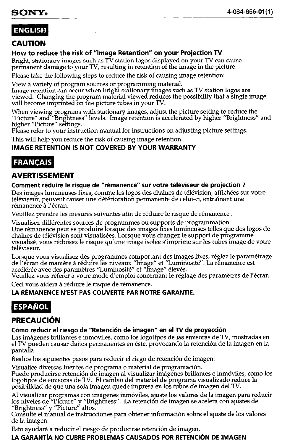 Sony, English caution, Français avertissement | Español precaución | Sony KP-6lHS20 User Manual | Page 79 / 82