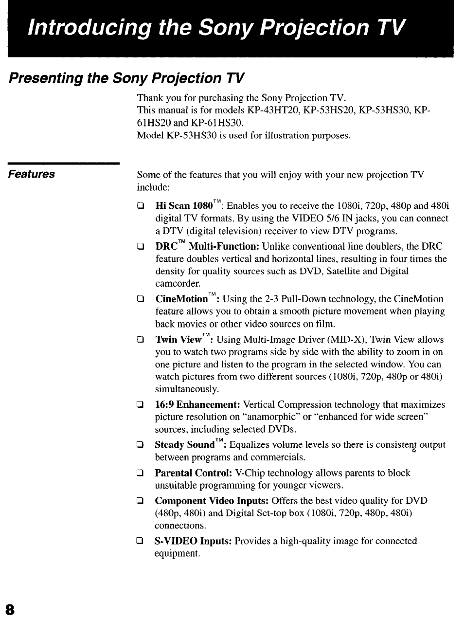 Presenting the sony projection tv, Introducing the sony projection tv | Sony KP-6lHS20 User Manual | Page 8 / 82