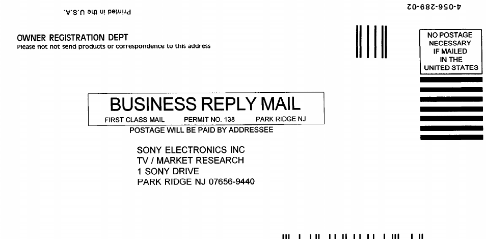 Business reply mail | Sony KP-6lHS20 User Manual | Page 81 / 82