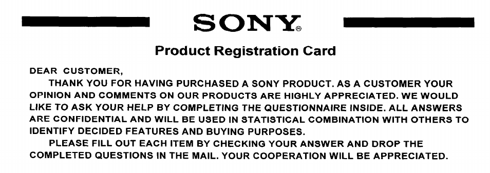 Product registration card | Sony KP-6lHS20 User Manual | Page 82 / 82