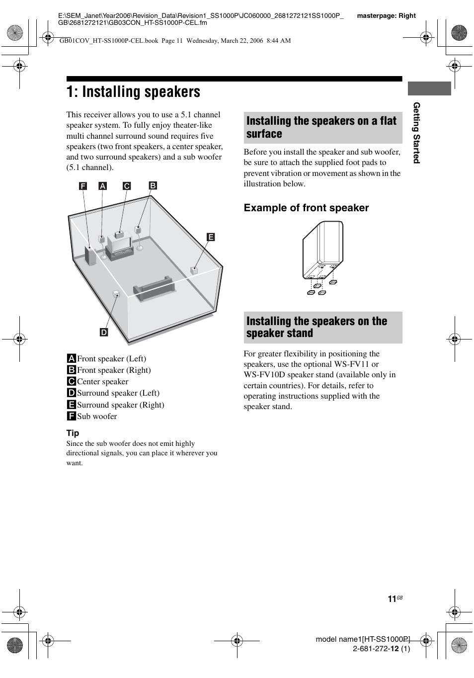 Installing speakers, Example of front speaker | Sony HTSS1000P. User Manual | Page 11 / 56