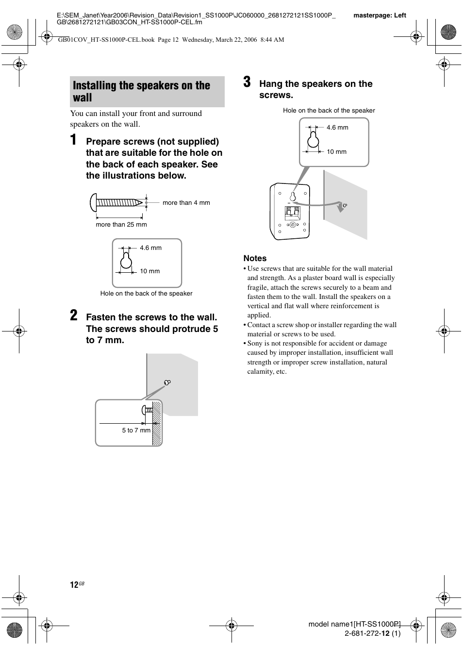 Installing the speakers on the wall | Sony HTSS1000P. User Manual | Page 12 / 56