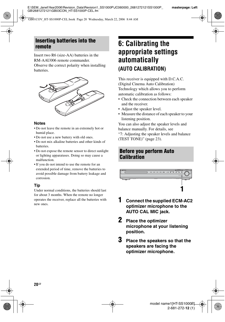 Calibrating the appropriate settings, Automatically, Auto calibration) | Calibrating the appropriate settings automatically | Sony HTSS1000P. User Manual | Page 20 / 56