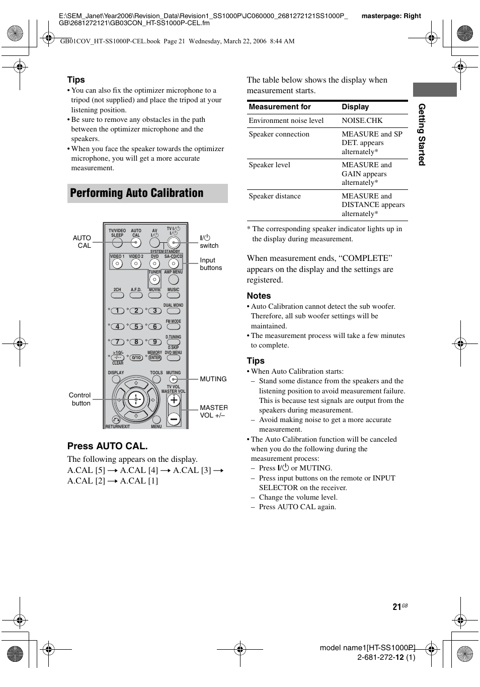 Performing auto calibration, Press auto cal, Gettin g sta rted | Tips | Sony HTSS1000P. User Manual | Page 21 / 56