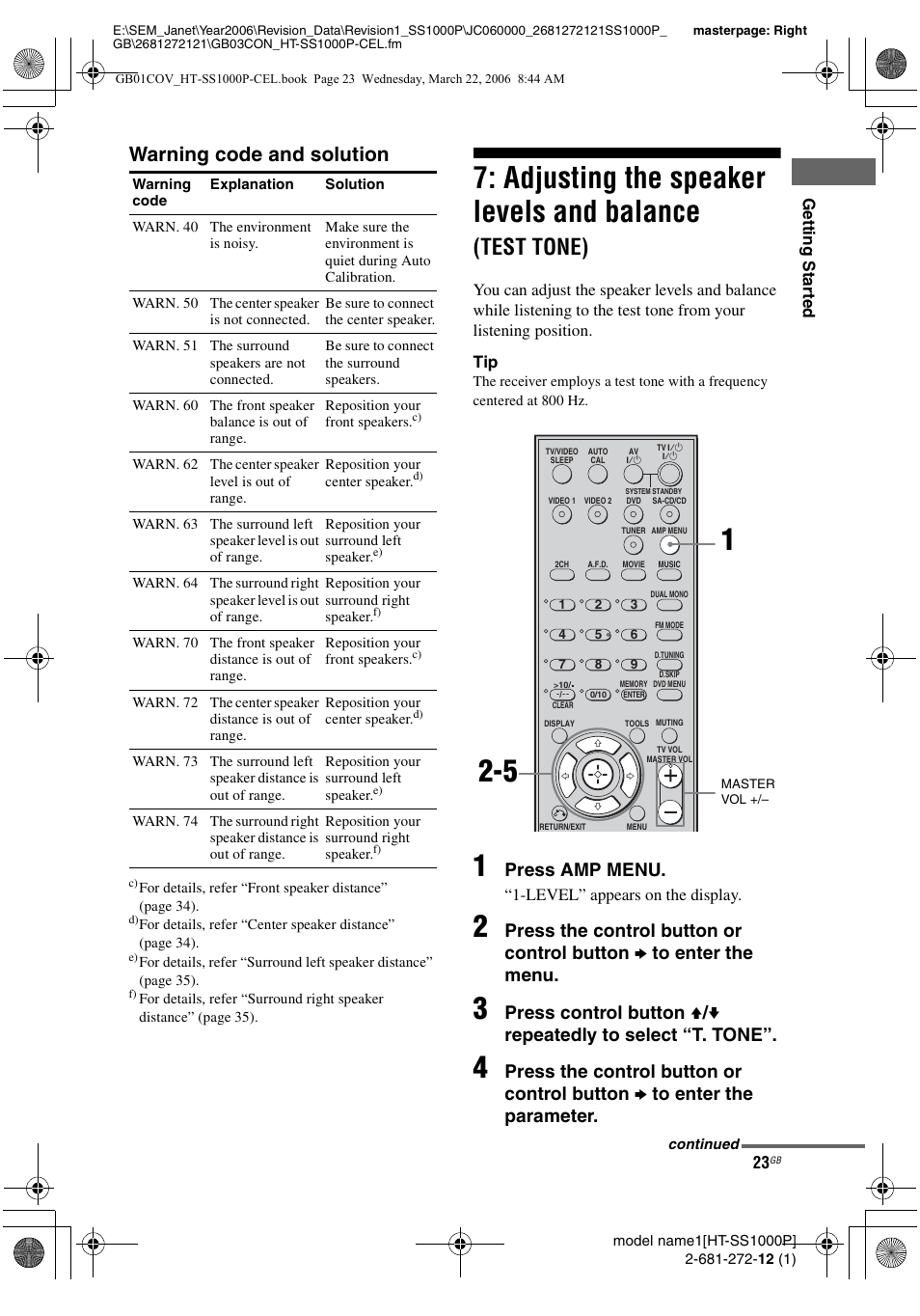 Adjusting the speaker levels and, Balance (test tone), Adjusting the speaker levels and balance | Test tone), Warning code and solution, Press amp menu | Sony HTSS1000P. User Manual | Page 23 / 56