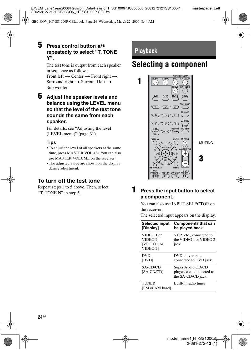 Playback, Selecting a component, Selecting a component 1 | Press the input button to select a component | Sony HTSS1000P. User Manual | Page 24 / 56