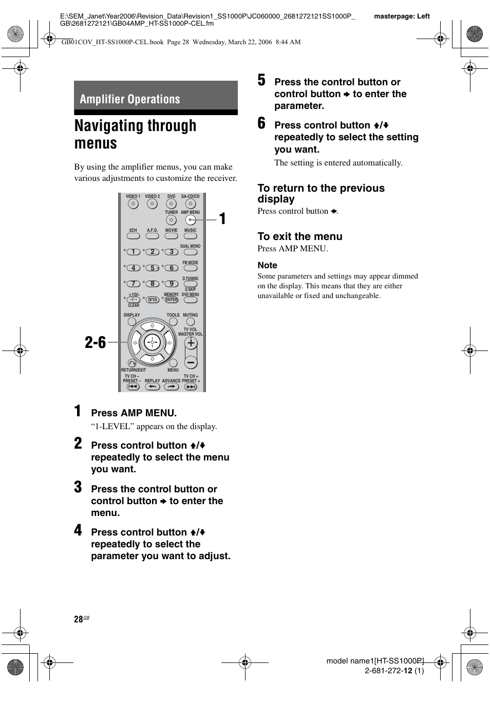 Amplifier operations, Navigating through menus, Press amp menu | Sony HTSS1000P. User Manual | Page 28 / 56