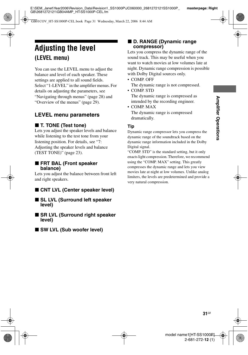 Adjusting the level (level menu), Adjusting the level, Level menu) | Sony HTSS1000P. User Manual | Page 31 / 56