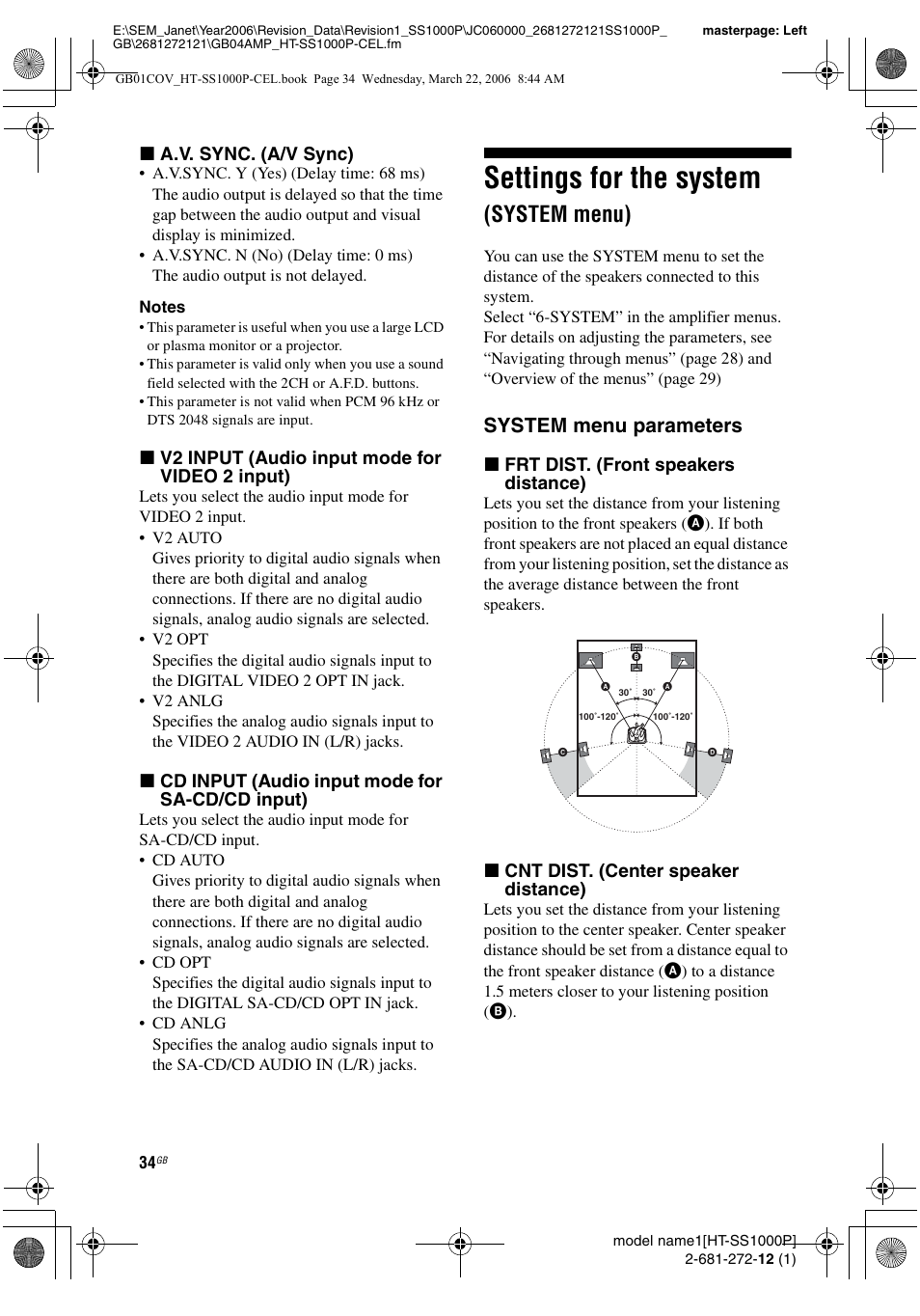 Settings for the system (system menu), Settings for the system, System menu) | System menu parameters | Sony HTSS1000P. User Manual | Page 34 / 56