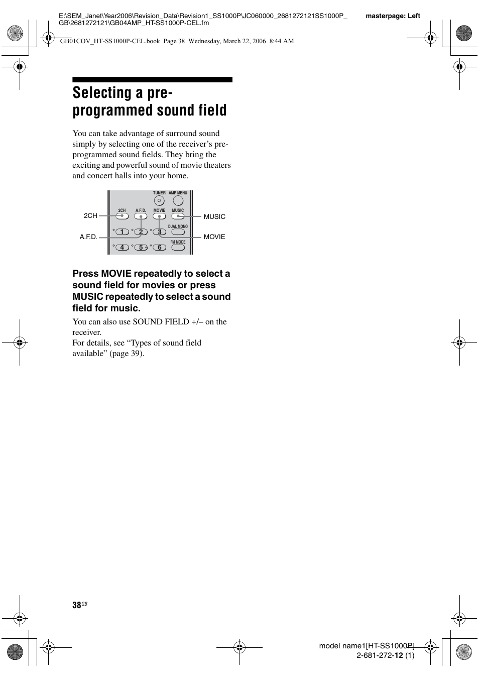 Selecting a pre- programmed sound field, Selecting a pre-programmed sound field | Sony HTSS1000P. User Manual | Page 38 / 56