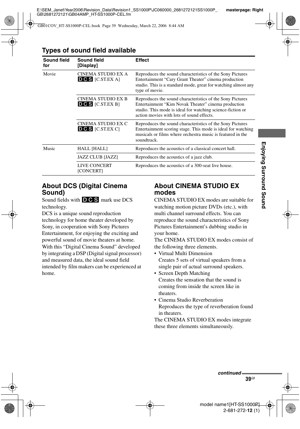About cinema studio ex modes | Sony HTSS1000P. User Manual | Page 39 / 56