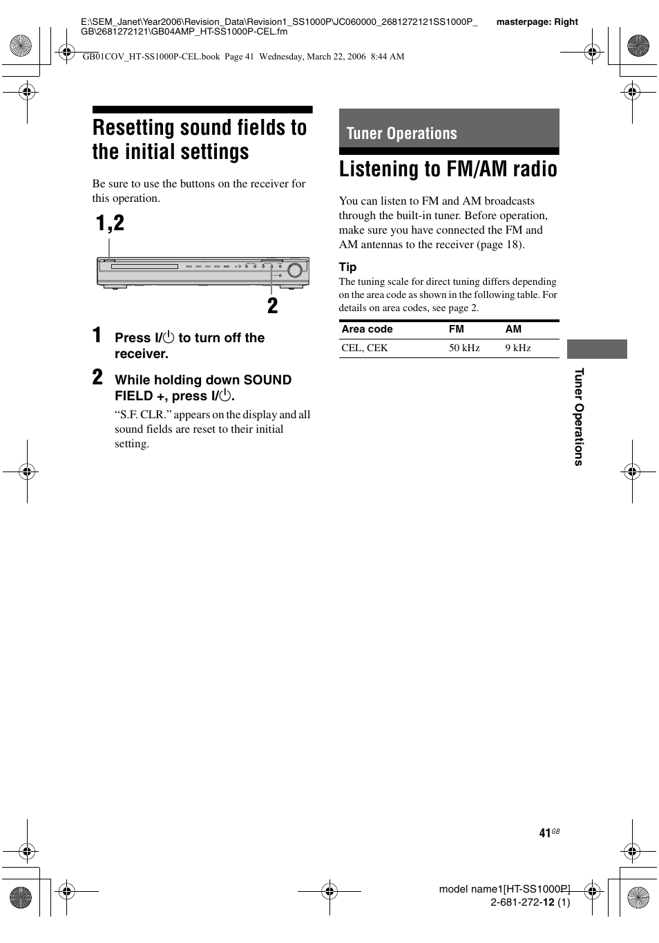 Resetting sound fields to the initial settings, Tuner operations, Listening to fm/am radio | Resetting sound fields to the initial, Settings | Sony HTSS1000P. User Manual | Page 41 / 56