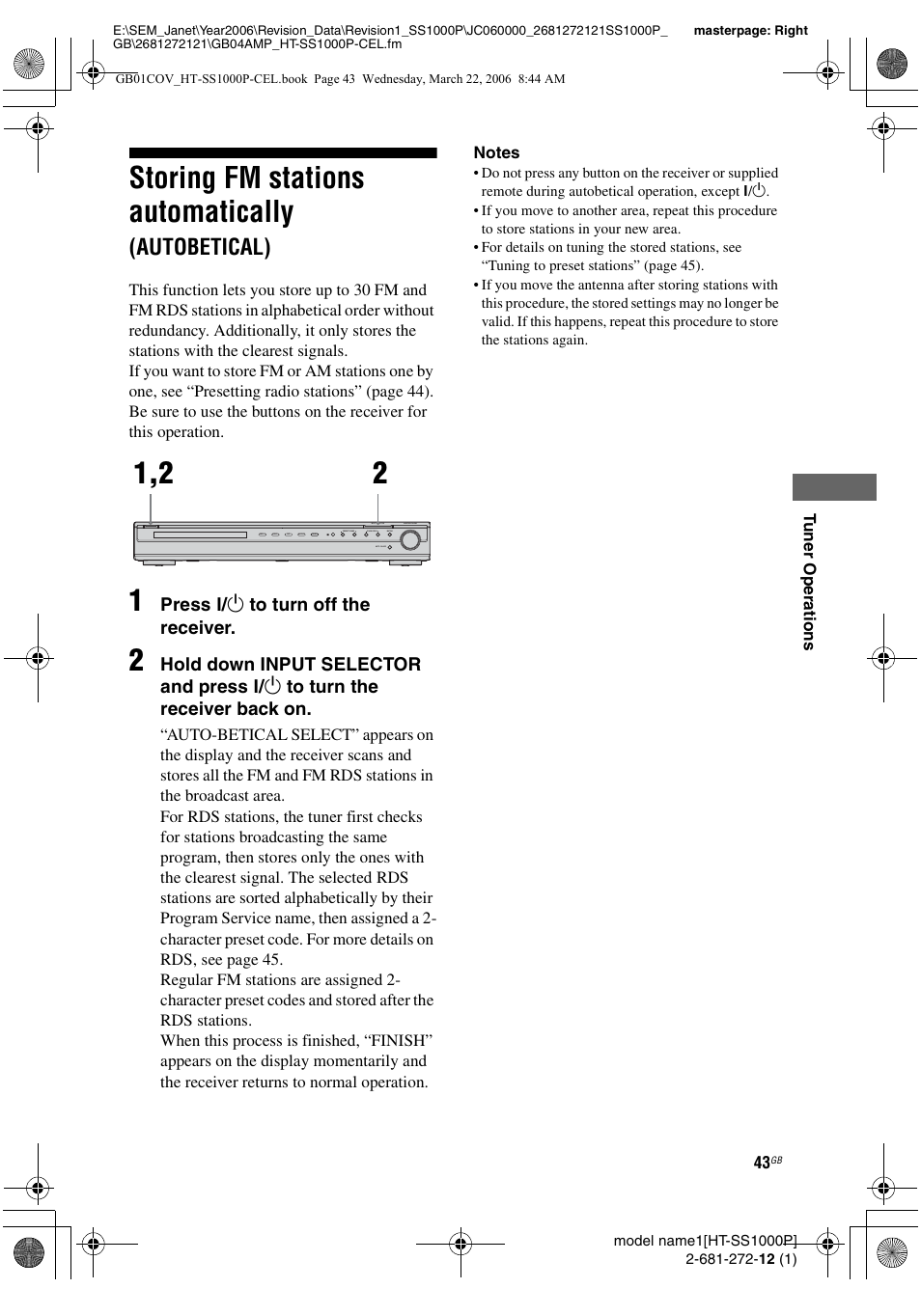 Storing fm stations automatically (autobetical), Storing fm stations automatically, Autobetical) | Sony HTSS1000P. User Manual | Page 43 / 56