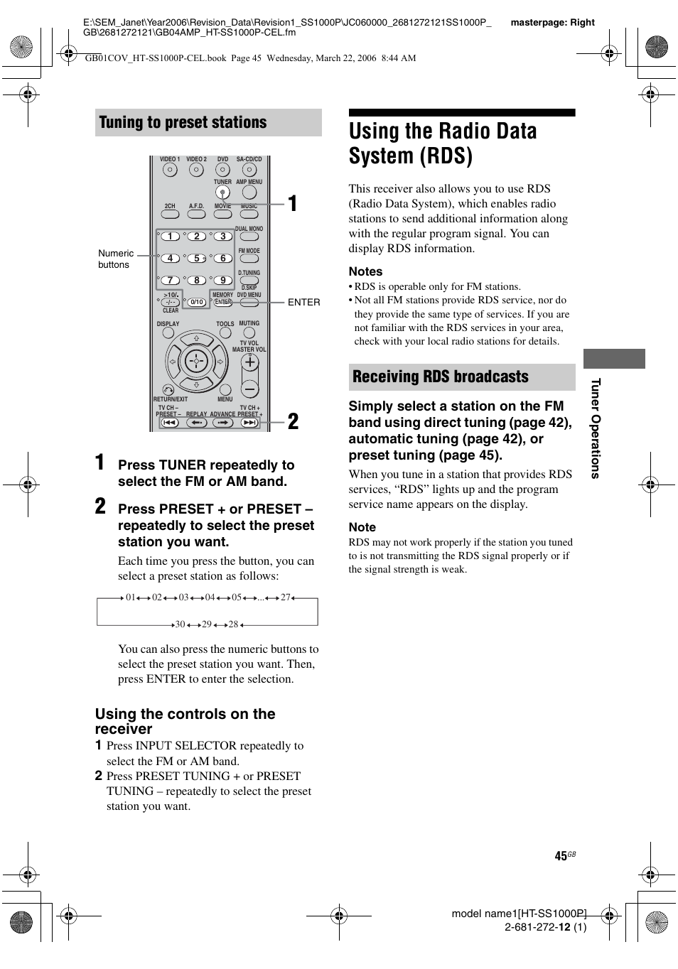 Using the radio data system (rds), Tuning to preset stations, Receiving rds broadcasts | Using the controls on the receiver, Press tuner repeatedly to select the fm or am band | Sony HTSS1000P. User Manual | Page 45 / 56