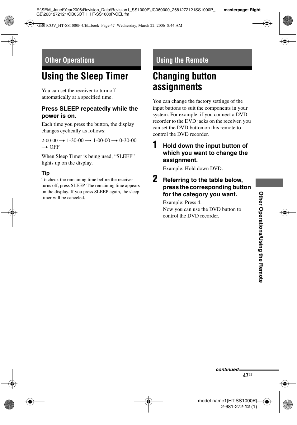 Other operations, Using the sleep timer, Using the remote | Changing button assignments, Other operations using the remote | Sony HTSS1000P. User Manual | Page 47 / 56