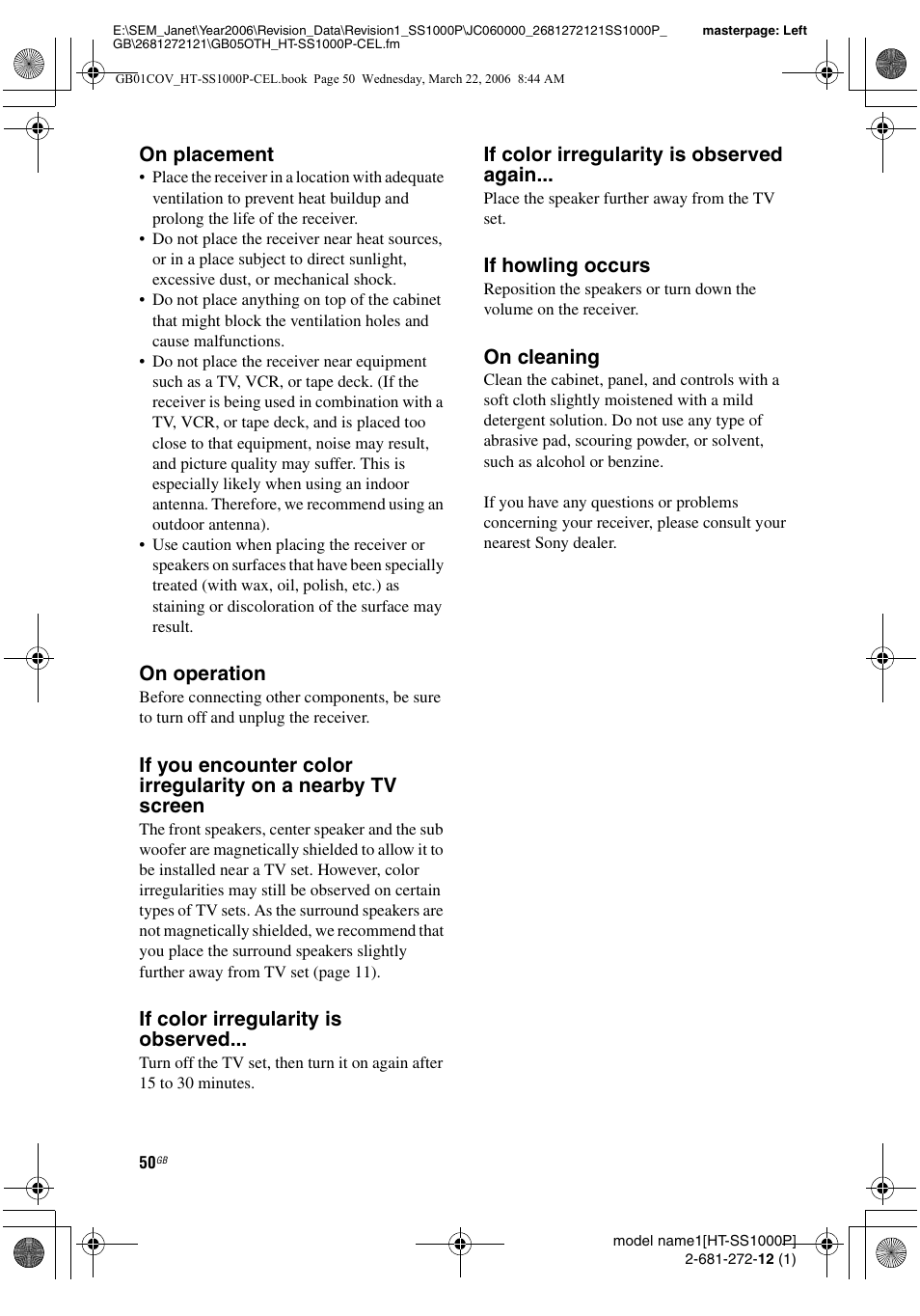 On placement, On operation, If color irregularity is observed | If color irregularity is observed again, If howling occurs, On cleaning | Sony HTSS1000P. User Manual | Page 50 / 56