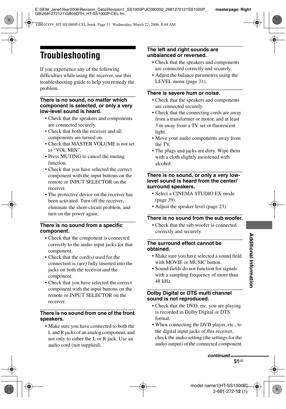 Troubleshooting | Sony HTSS1000P. User Manual | Page 51 / 56