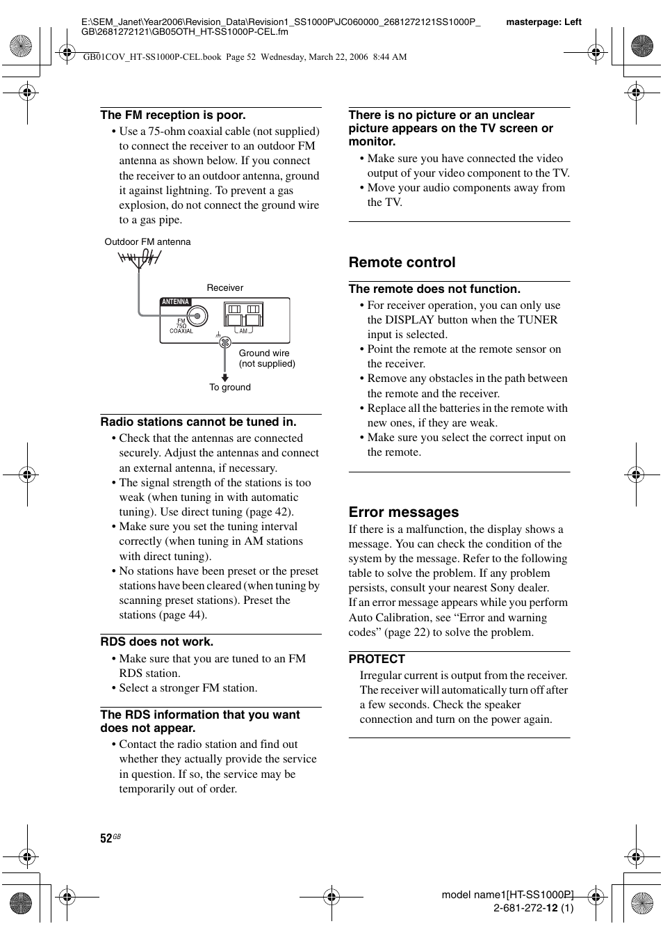 Remote control, Error messages | Sony HTSS1000P. User Manual | Page 52 / 56