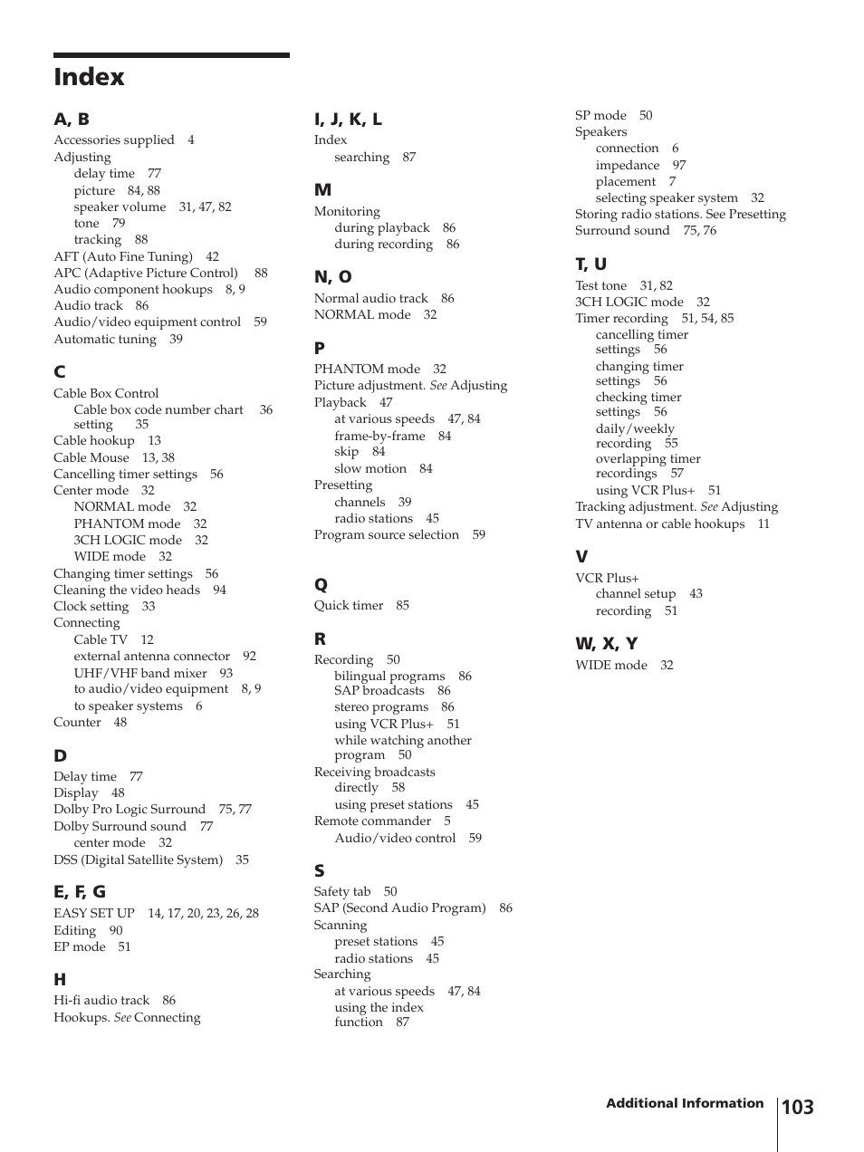Index, A, b, E, f, g | I, j, k, l, N, o, T, u, W, x, y | Sony SLV-AV100C User Manual | Page 103 / 104