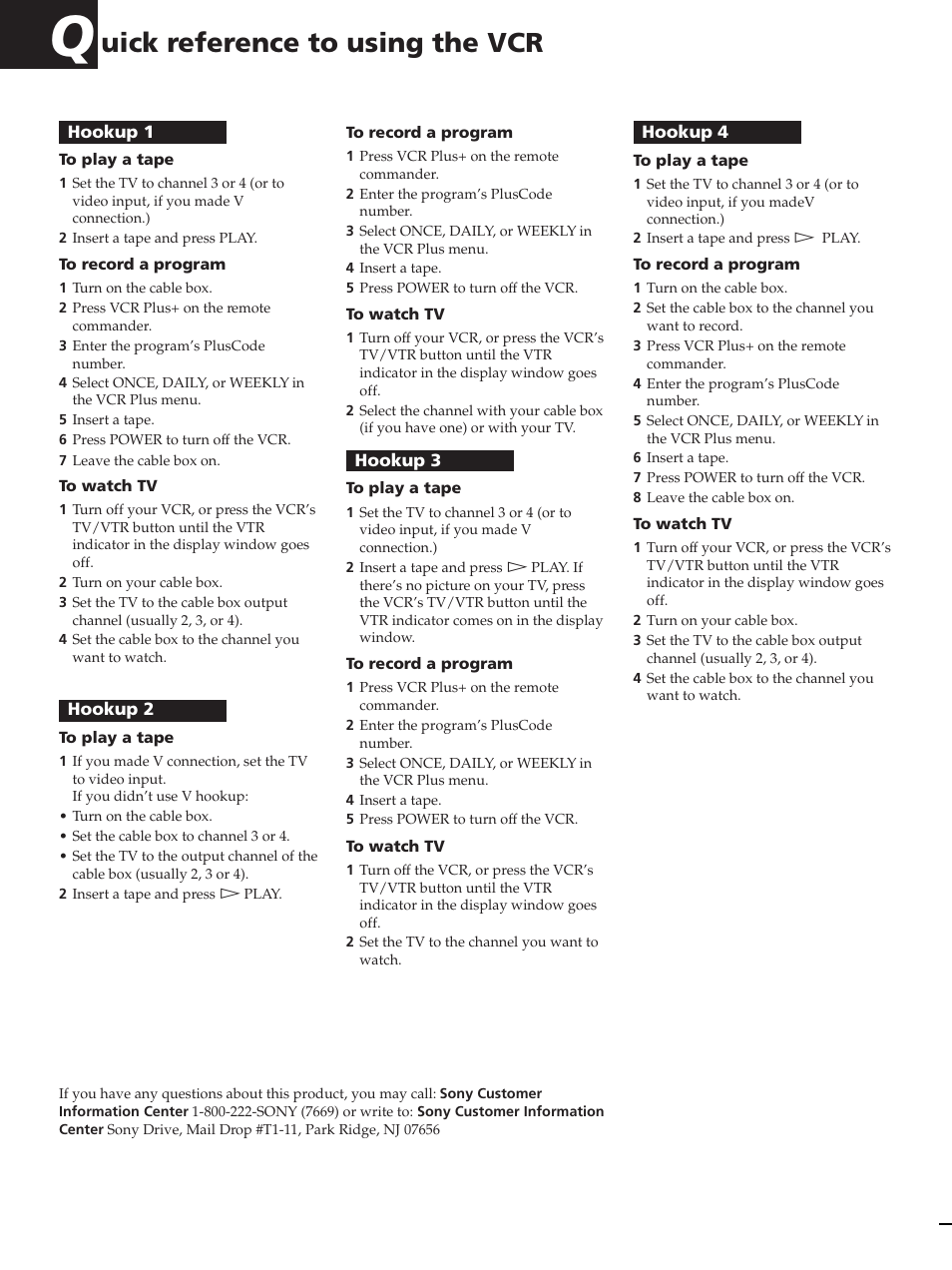 Uick reference to using the vcr | Sony SLV-AV100C User Manual | Page 104 / 104