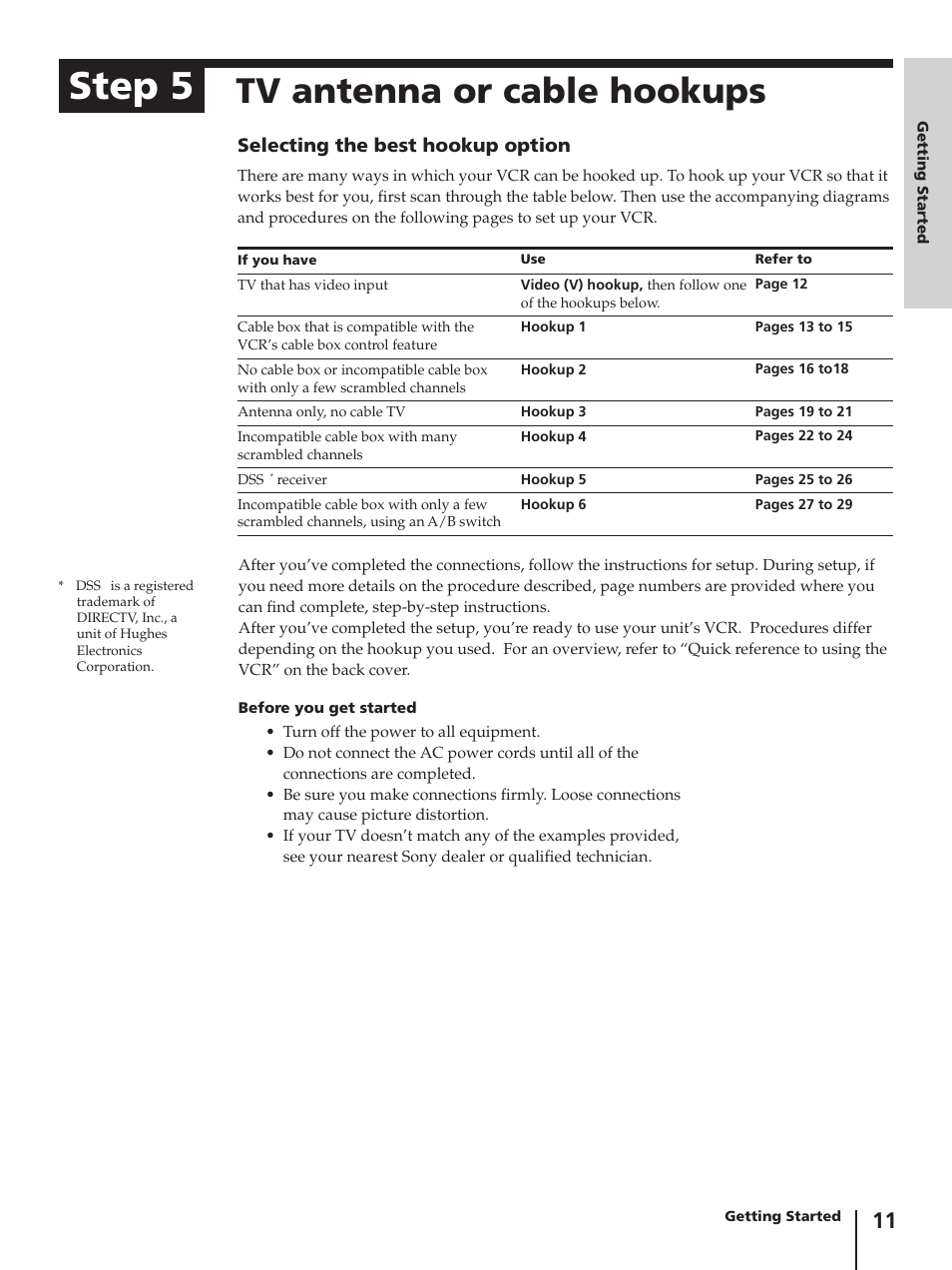 Step 5, Tv antenna or cable hookups, Selecting the best hookup option | Sony SLV-AV100C User Manual | Page 11 / 104