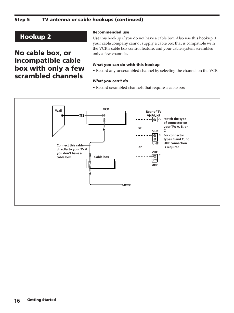 Hookup 2, Step 5 tv antenna or cable hookups (continued) | Sony SLV-AV100C User Manual | Page 16 / 104