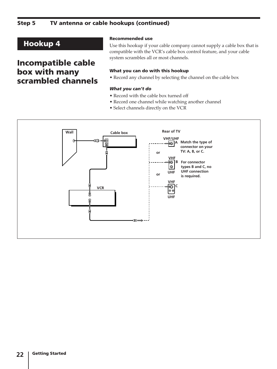 Hookup 4, Step 5 tv antenna or cable hookups (continued) | Sony SLV-AV100C User Manual | Page 22 / 104