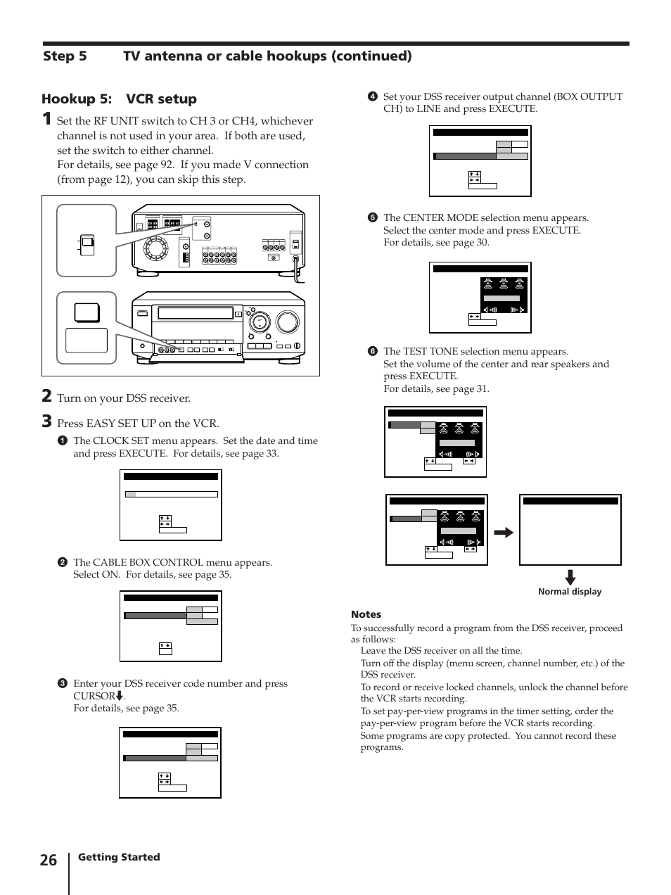 Turn on your dss receiver, Press easy set up on the vcr, Getting started | Sony SLV-AV100C User Manual | Page 26 / 104
