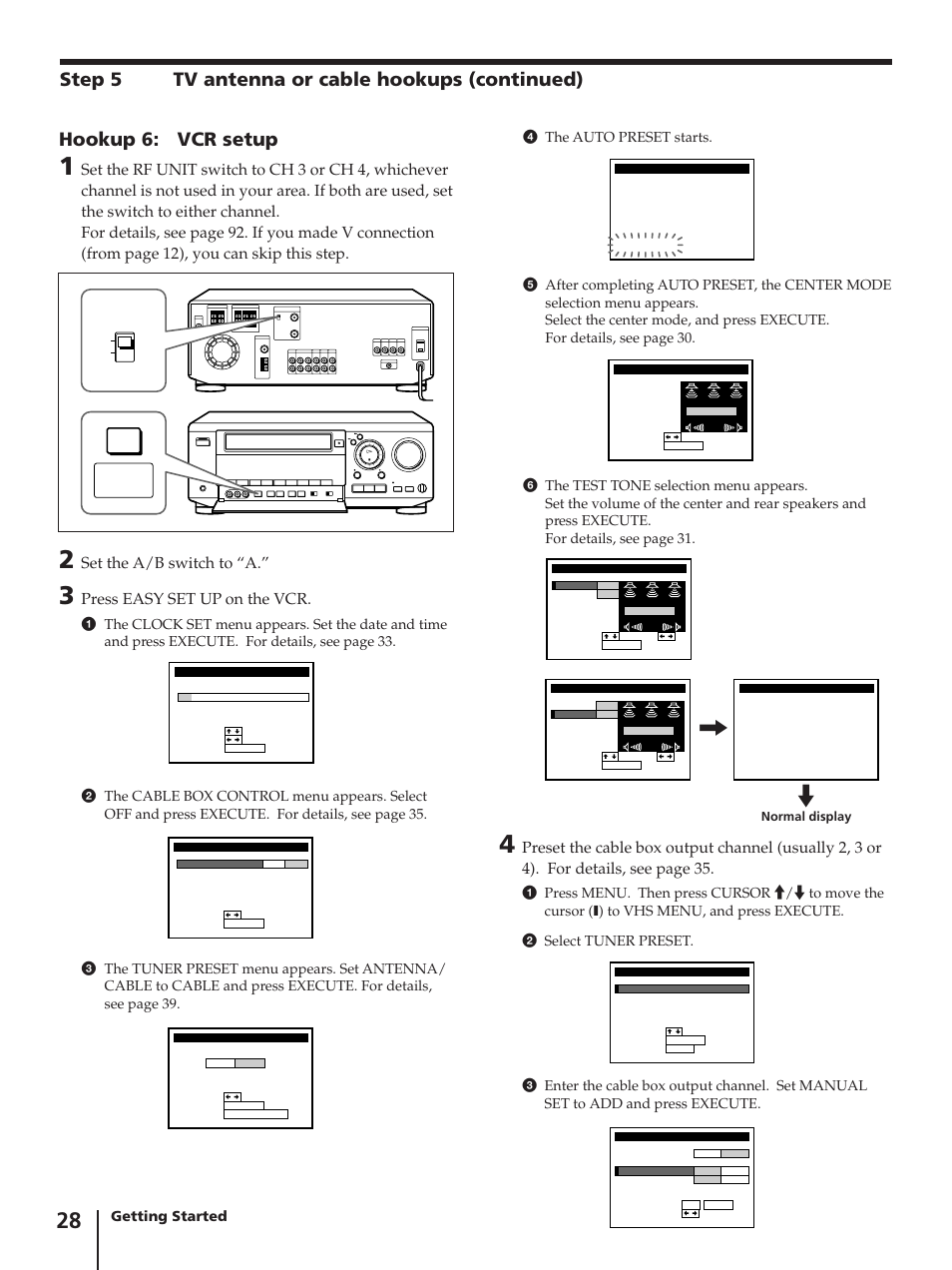 Hookup 6: vcr setup, Step 5 tv antenna or cable hookups (continued), Set the a/b switch to “a | Press easy set up on the vcr, Getting started | Sony SLV-AV100C User Manual | Page 28 / 104