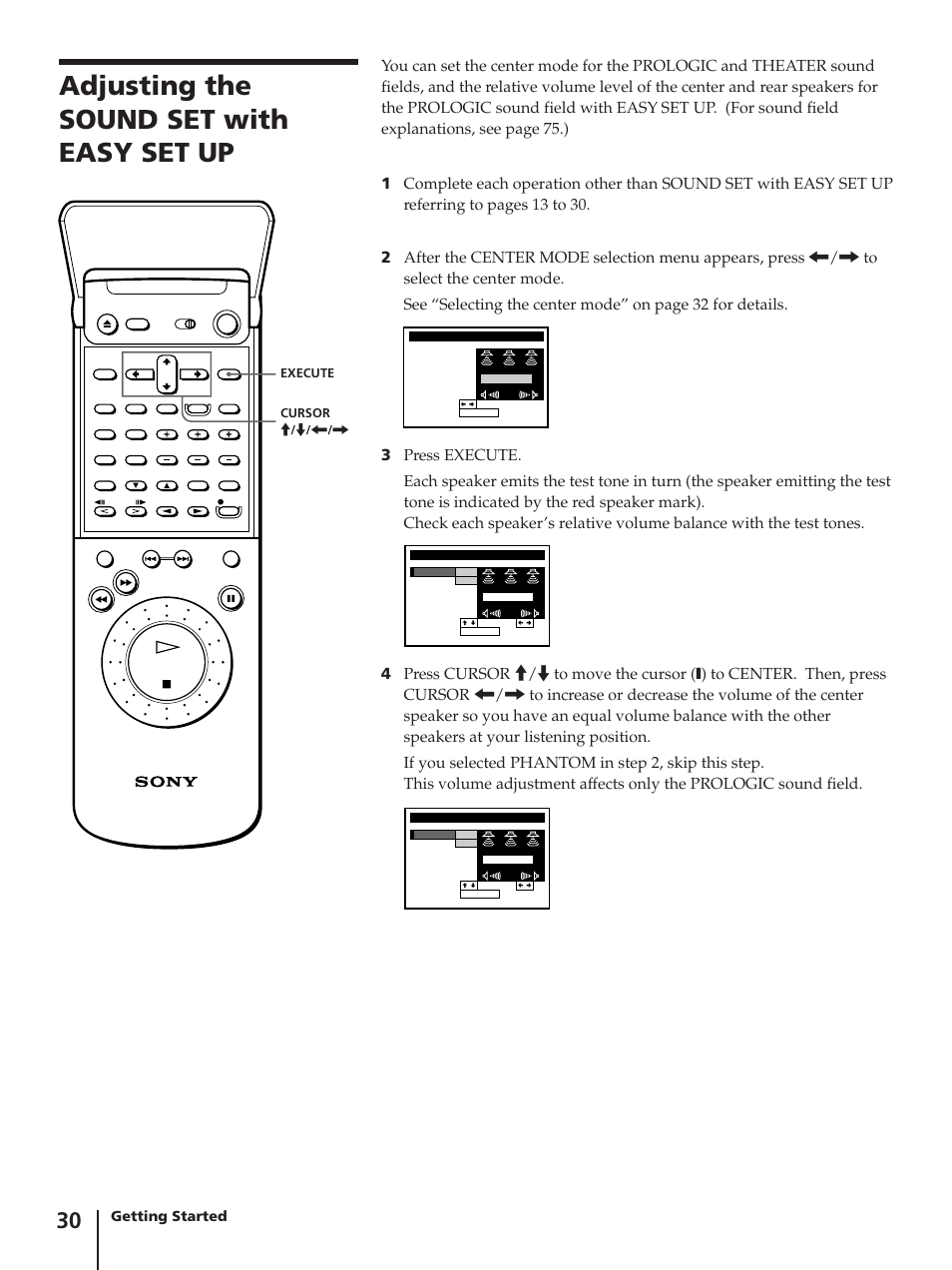 Adjusting the sound set with easy set up, Getting started | Sony SLV-AV100C User Manual | Page 30 / 104