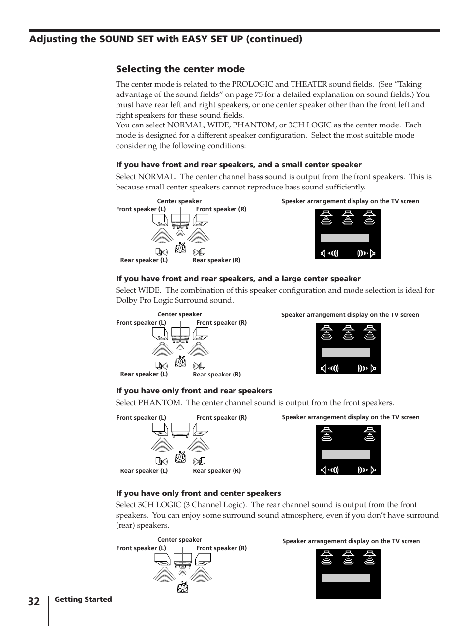 Selecting the center mode | Sony SLV-AV100C User Manual | Page 32 / 104