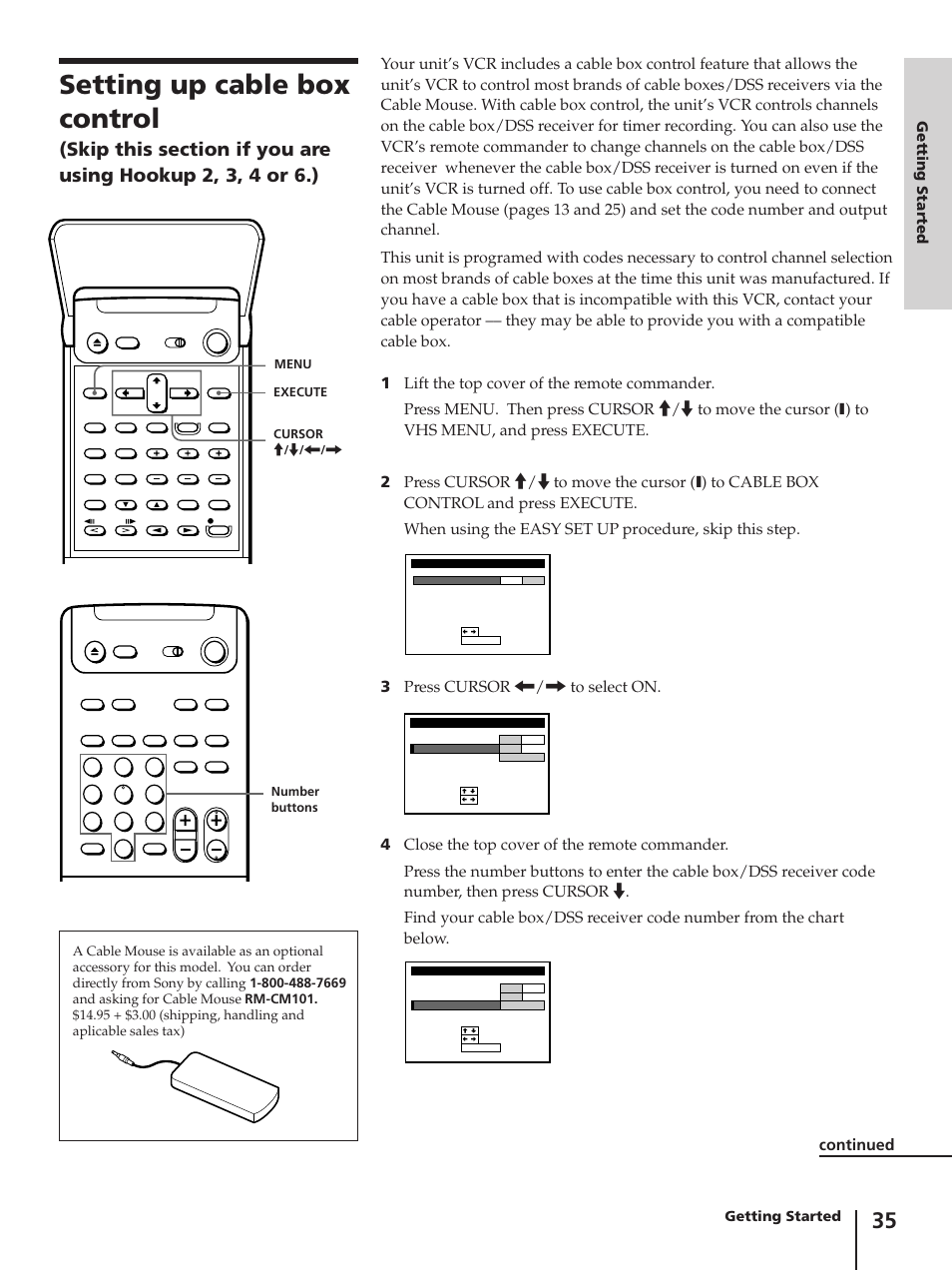 Setting up cable box control, Continued, Getting started | Sony SLV-AV100C User Manual | Page 35 / 104