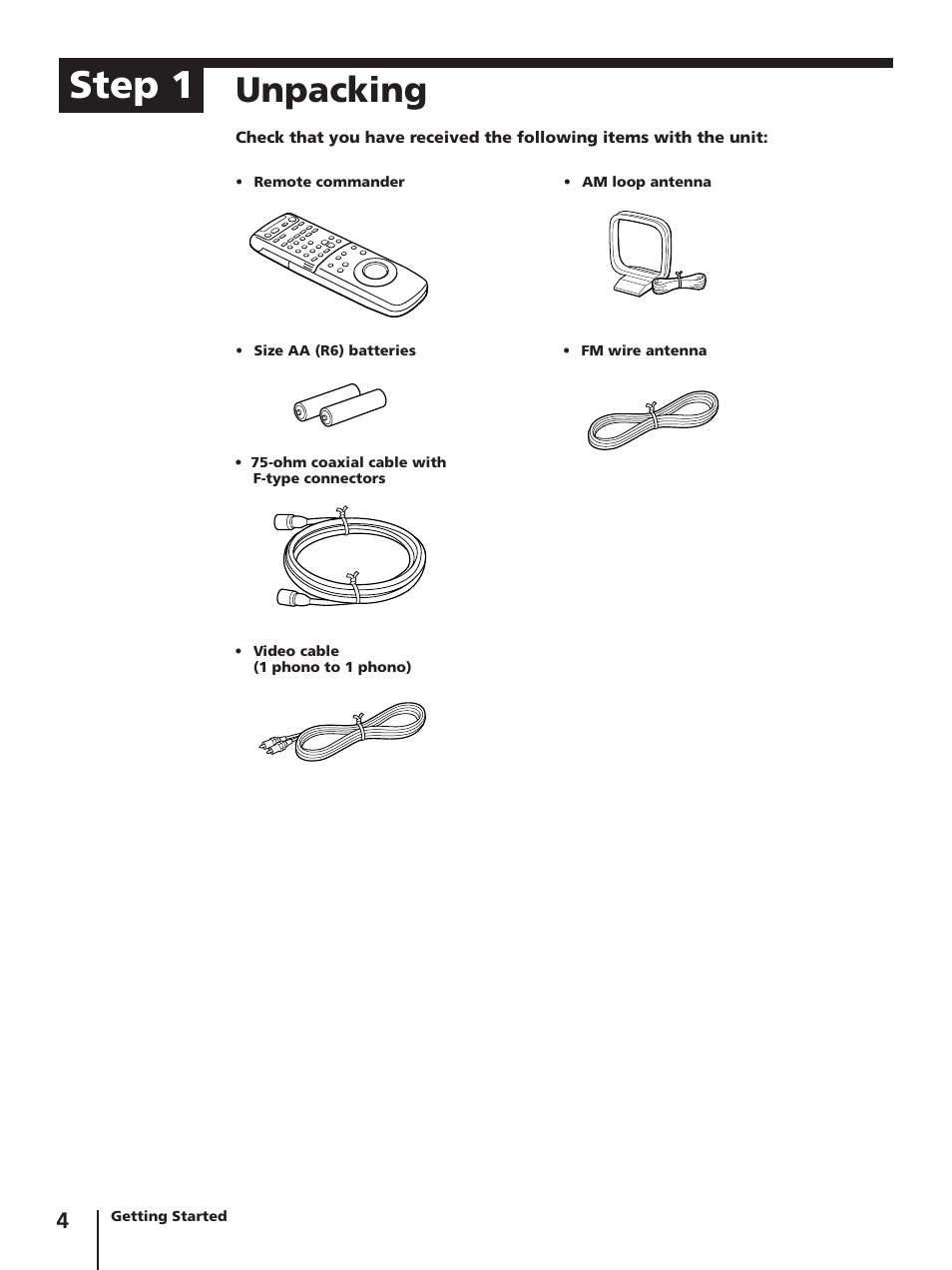 Step 1, Unpacking | Sony SLV-AV100C User Manual | Page 4 / 104