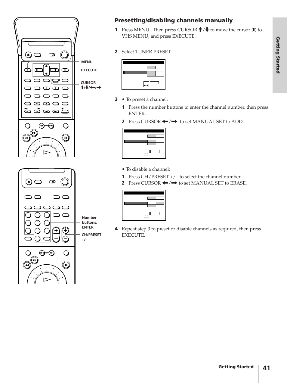 Presetting/disabling channels manually, Getting started | Sony SLV-AV100C User Manual | Page 41 / 104