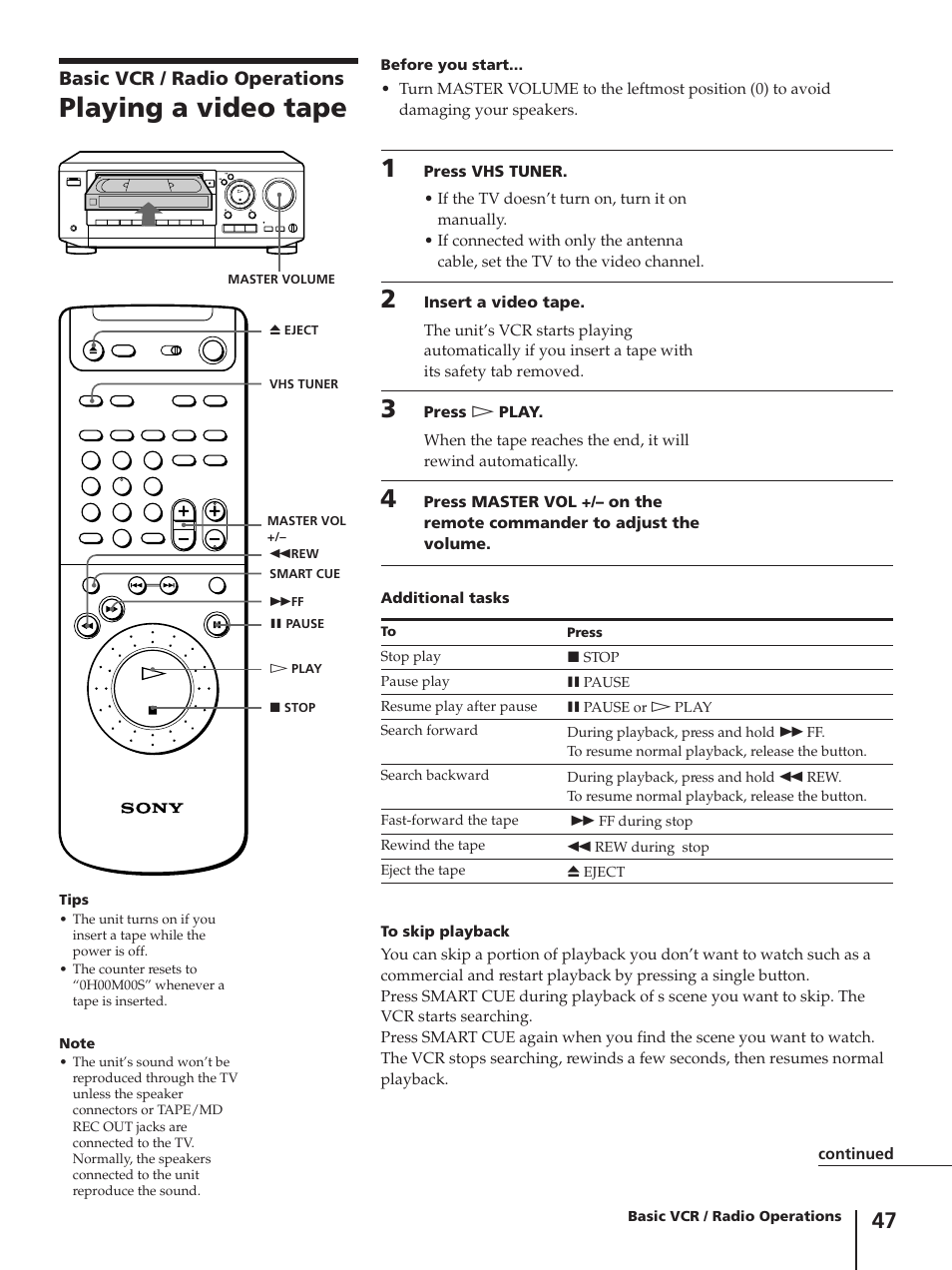 Playing a video tape, Basic vcr / radio operations | Sony SLV-AV100C User Manual | Page 47 / 104