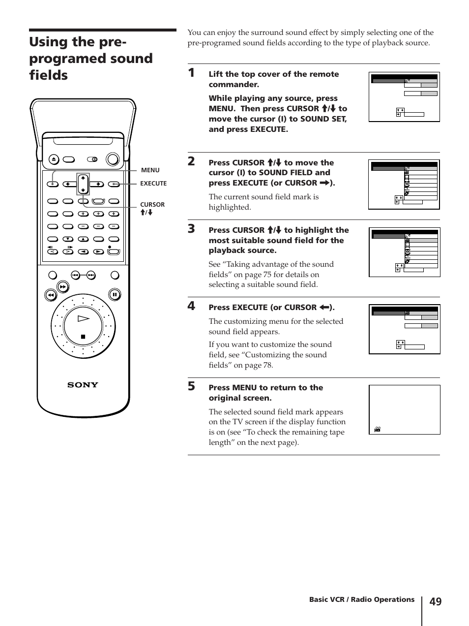Using the pre- programed sound fields | Sony SLV-AV100C User Manual | Page 49 / 104