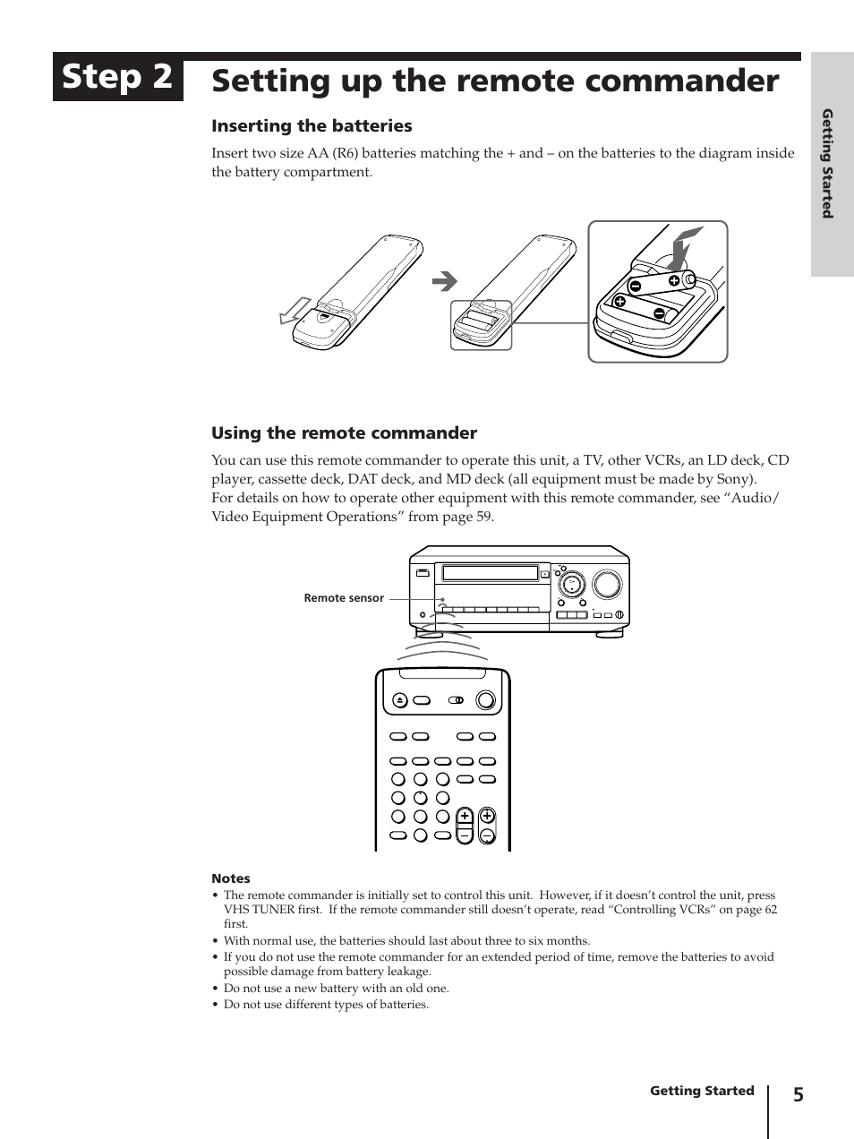 Step 2, Setting up the remote commander, Using the remote commander | Inserting the batteries | Sony SLV-AV100C User Manual | Page 5 / 104